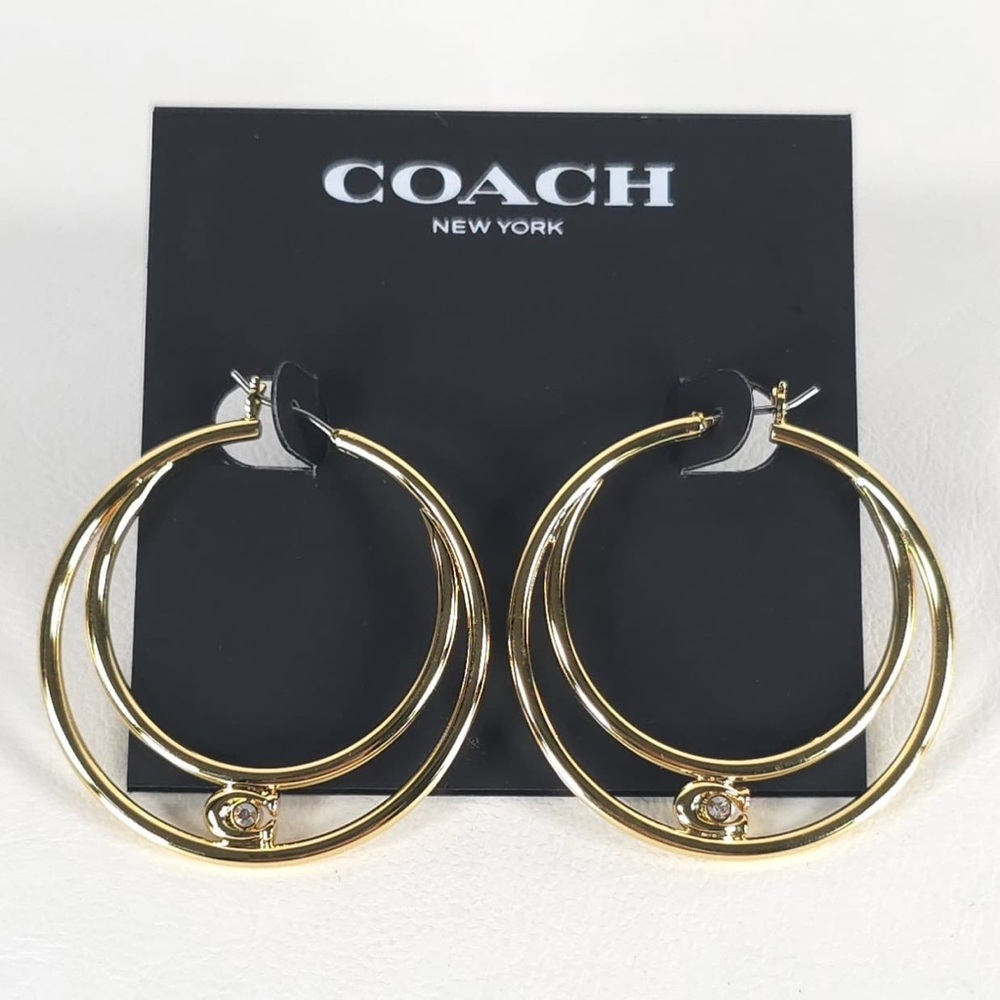 NWT COACH Women's Signature Double Hoop Gold Earrings with Cubic Zirconia Detail - Picture 12 of 13